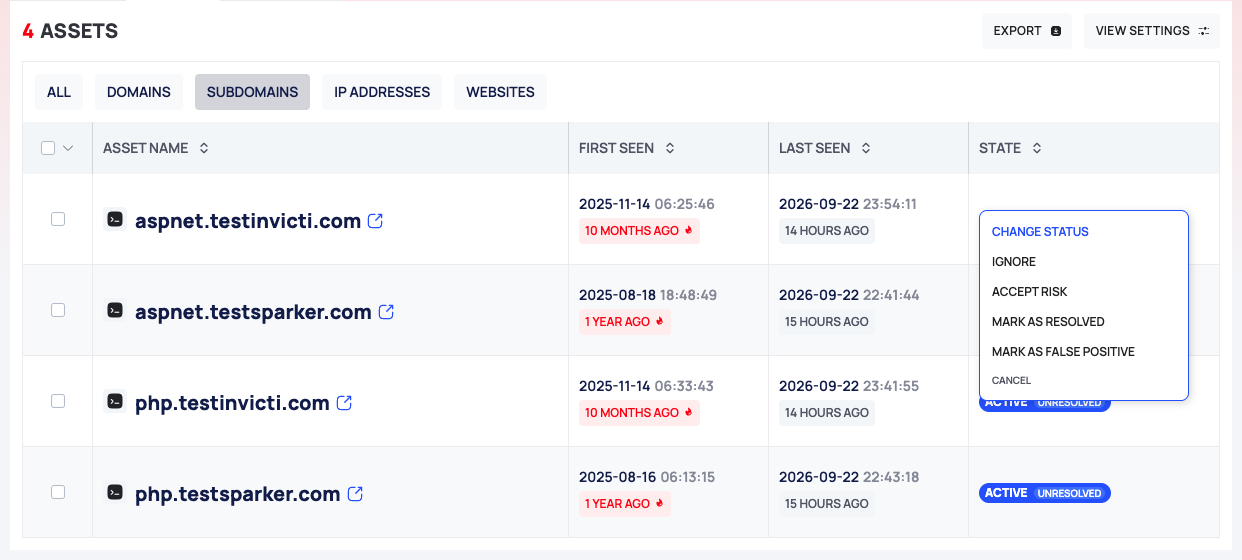 The ASSETS tab of an issue type page with the SUBDOMAINS chip selected and the CHANGE STATUS menu open on a STATE chip.