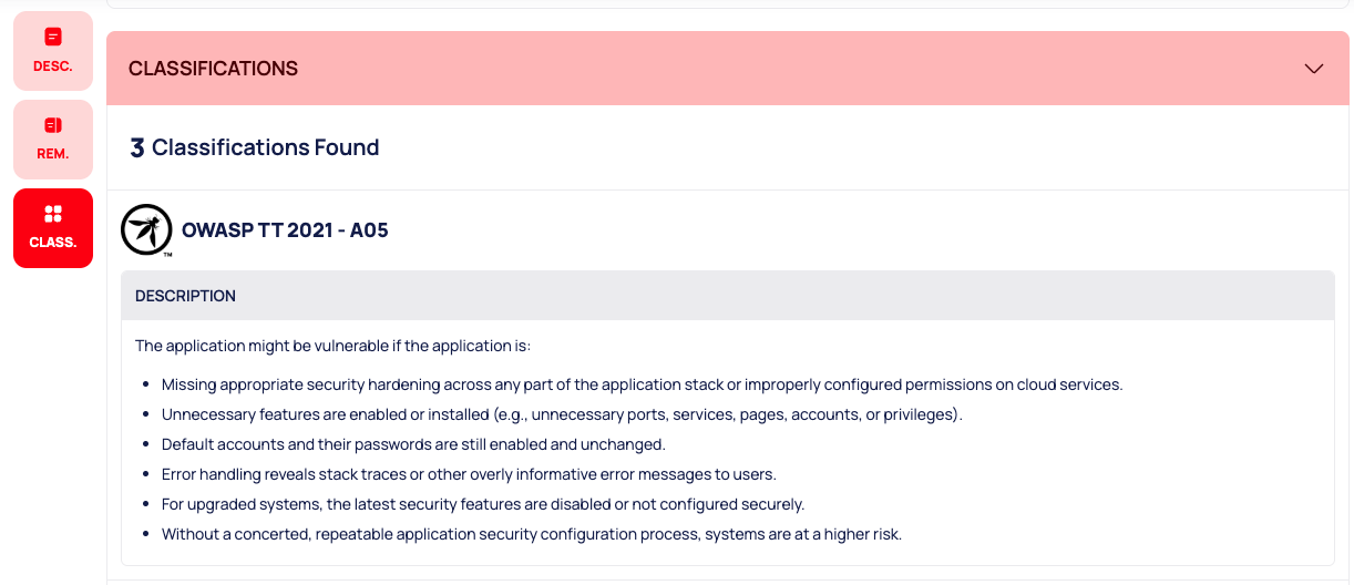 The ISSUE INFO tab with the DESC., REM. and CLASS. side menu and the CLASSIFICATIONS section.