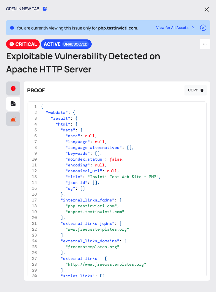 The same issue drawer on its PROOF tab with the JSON evidence and COPY.