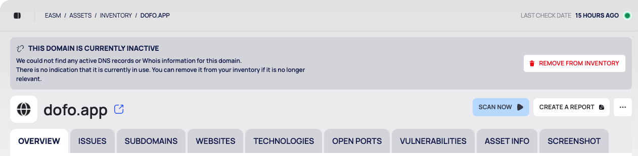 The inactive banner at the top of an asset page, with the REMOVE FROM INVENTORY button.