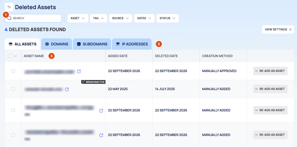 The Deleted Assets page with the filter bar, the type tabs and the list with RE-ADD AS ASSET buttons, numbered 1 to 3.