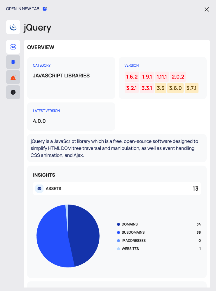 The technology drawer on its OVERVIEW tab with category, versions, latest version, description and INSIGHTS.