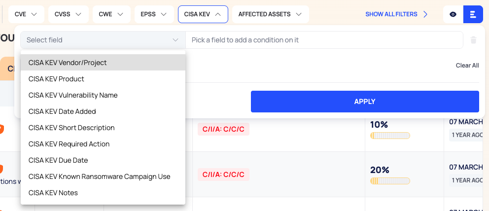The CISA KEV filter chip open with its Select field list of CISA KEV fields.