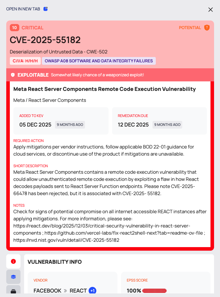The top of the CVE drawer for a CVE in the CISA KEV catalogue, with the EXPLOITABLE strip and the CISA KEV block.