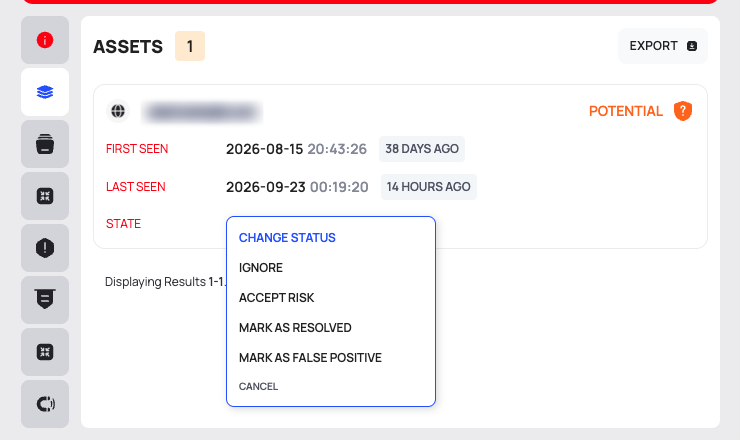 The ASSETS tab of the CVE drawer with the CHANGE STATUS menu open on an asset's state chip.