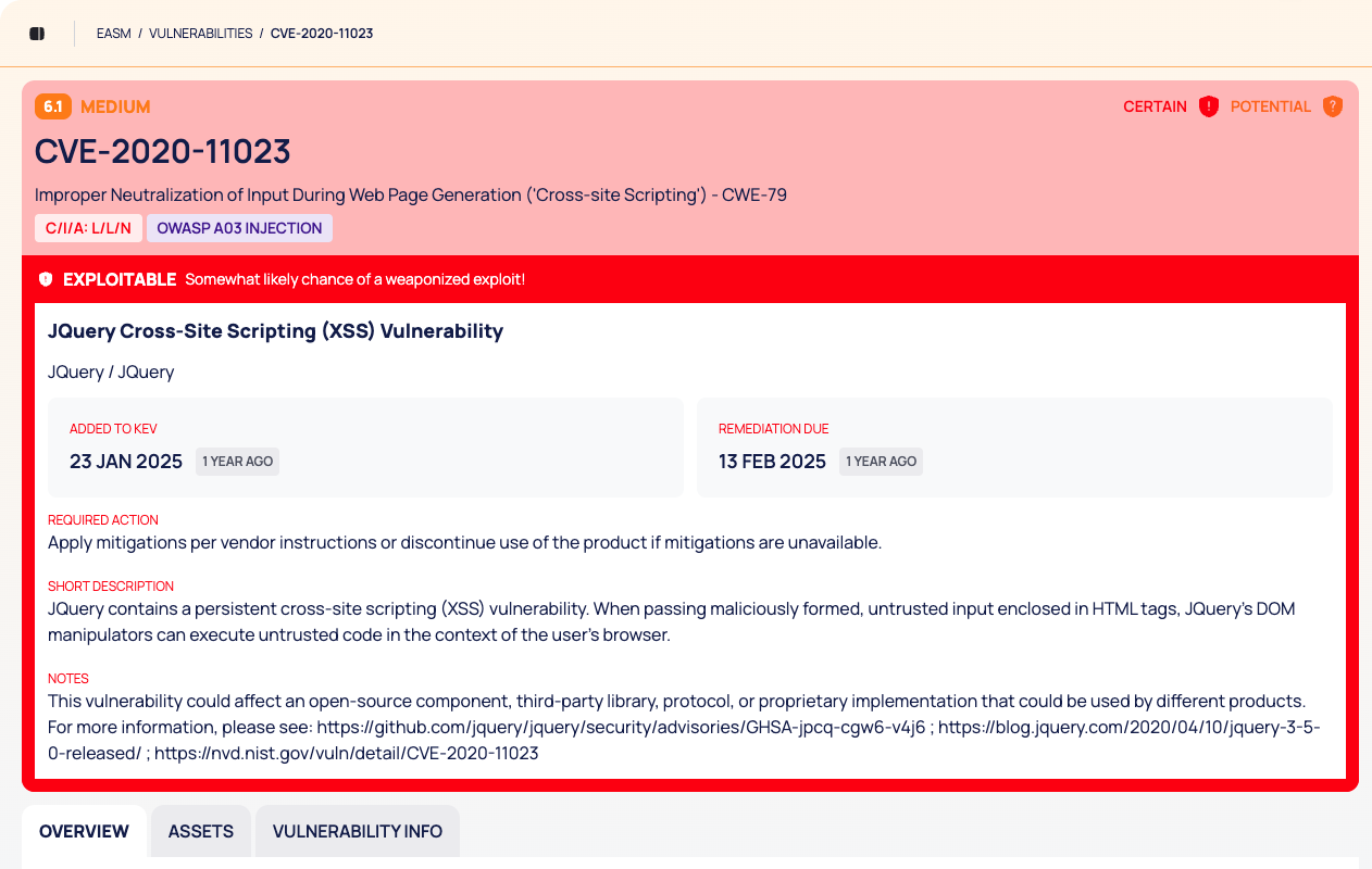 The header of a CVE page for a CVE in the CISA KEV catalogue, with the EXPLOITABLE strip, the KEV block and the tabs.