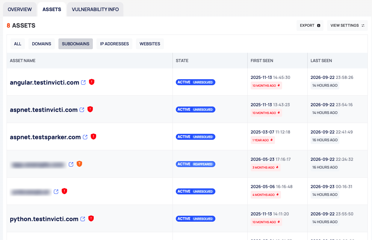 The ASSETS tab of a CVE page with the SUBDOMAINS chip selected and the list of affected assets with their states.