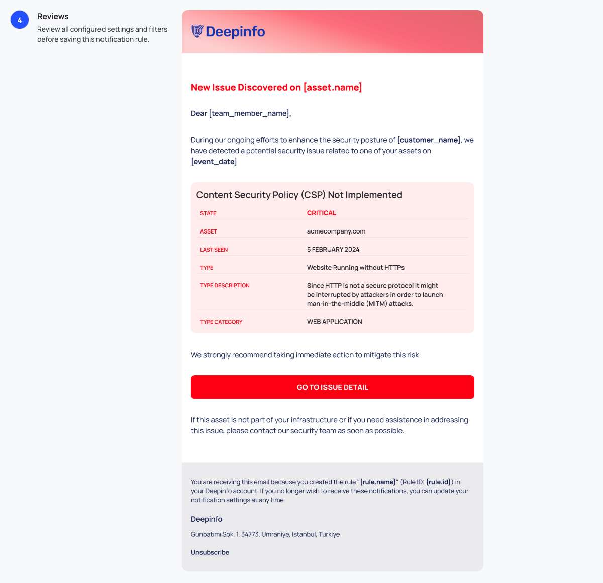 Step 4, Reviews, showing a sample notification e-mail for a new issue.