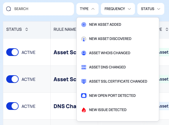 The TYPE filter open, listing the events you can filter the rules by.