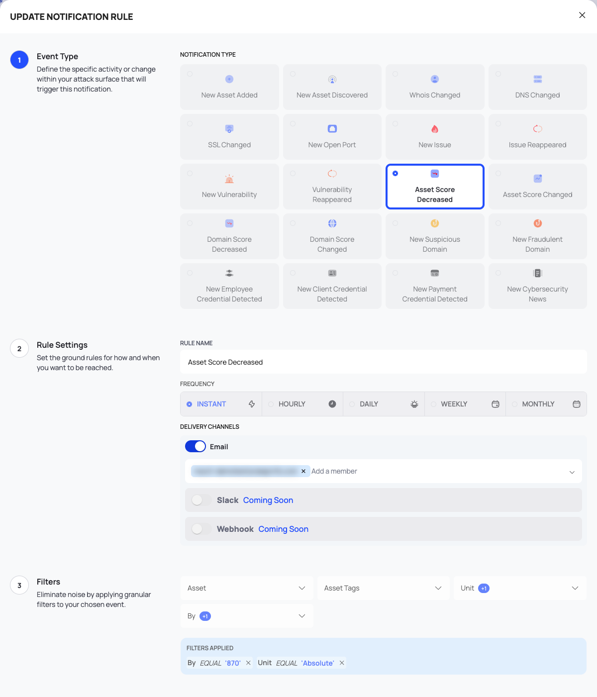 The UPDATE NOTIFICATION RULE popup, with the event tiles, frequency and filters read-only and the rule name and recipients editable.