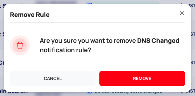 The Remove Rule dialog asking you to confirm, with CANCEL and REMOVE.