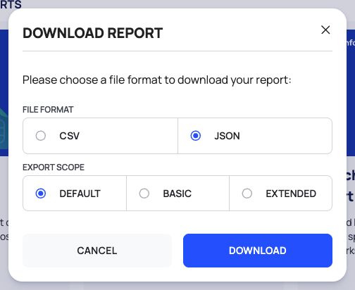 The DOWNLOAD REPORT popup for All Assets Report, with the FILE FORMAT and EXPORT SCOPE choices.