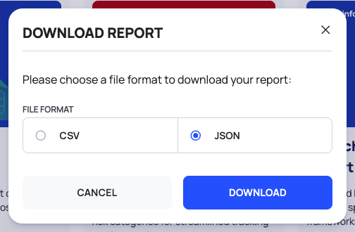 The DOWNLOAD REPORT popup for All Issues Report, with only the FILE FORMAT choice.