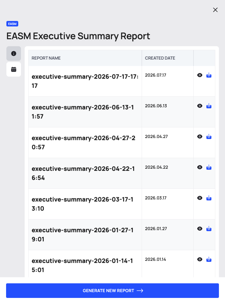 The report drawer on the REPORTS HISTORY tab, listing past reports with their name, creation date, eye icon and download icon.