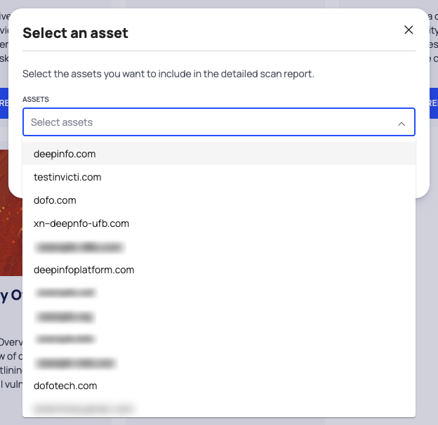 The Select an asset popup with the ASSETS dropdown open, listing the assets you can report on.