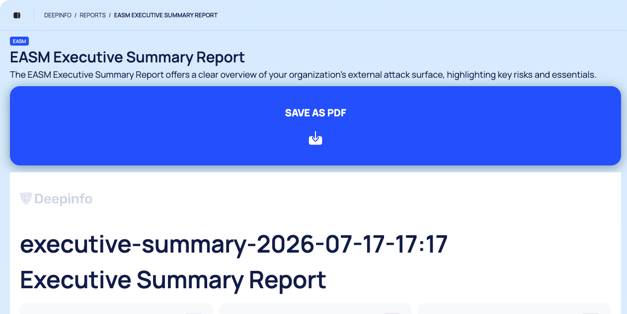 A saved EASM Executive Summary Report opened from REPORTS HISTORY, with its breadcrumb, the blue SAVE AS PDF tile and the top of the first preview page.