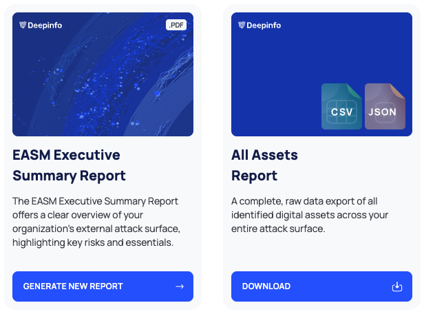 A PDF report card with its .PDF badge and GENERATE NEW REPORT button, next to an export card with its CSV and JSON icons and DOWNLOAD button.
