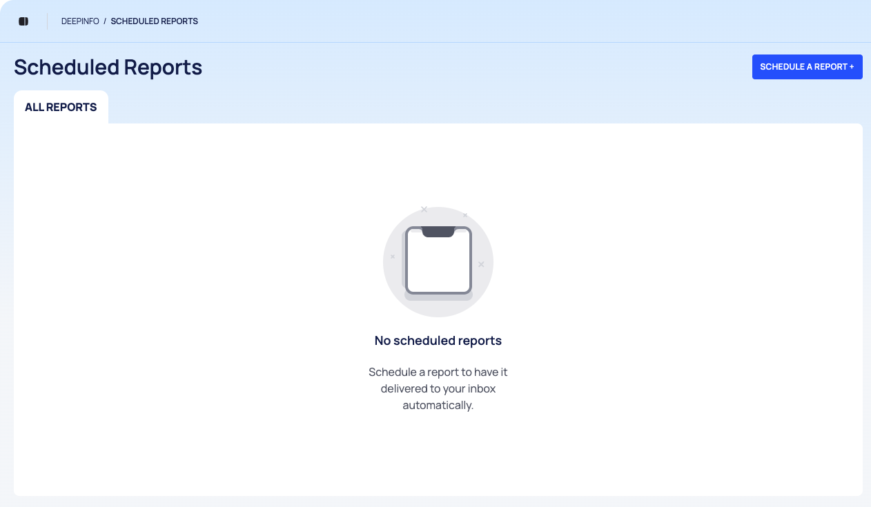 The Scheduled Reports screen with no schedules yet, showing No scheduled reports and the SCHEDULE A REPORT button.