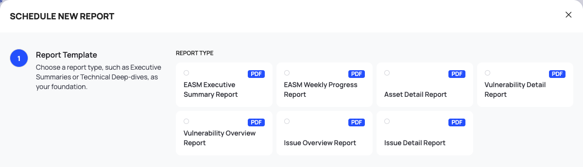 The SCHEDULE NEW REPORT popup at step 1, Report Template, with the PDF report tiles under REPORT TYPE.