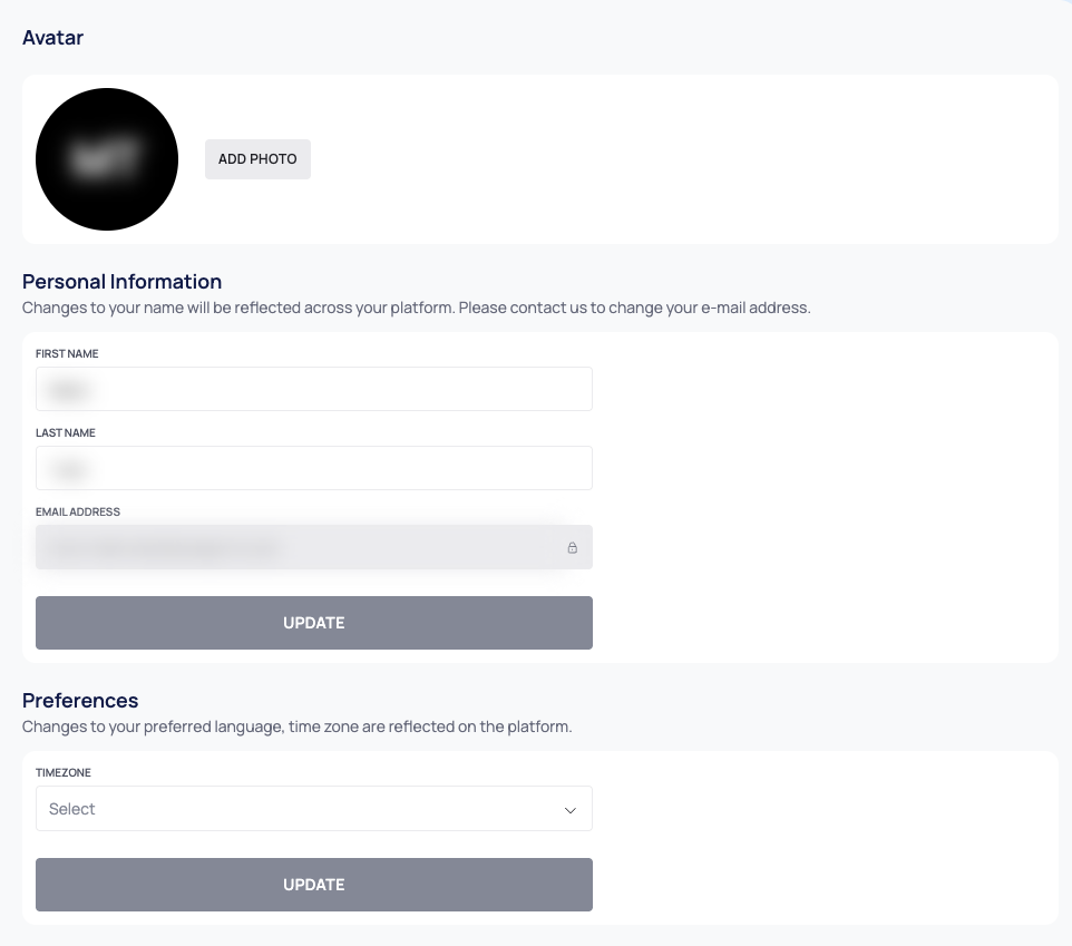 The Account Details page with the Avatar, Personal Information and Preferences sections.