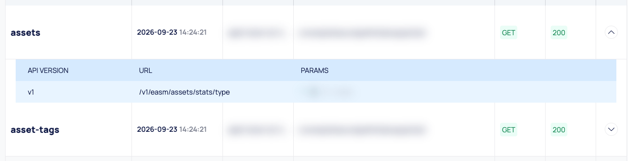 One API log row expanded to show API VERSION, URL and PARAMS.