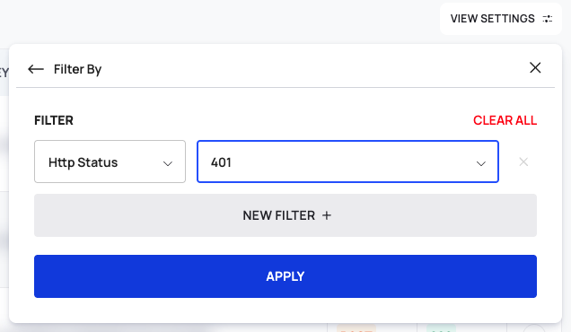 The Filter By panel in View Options with one Http Status condition.