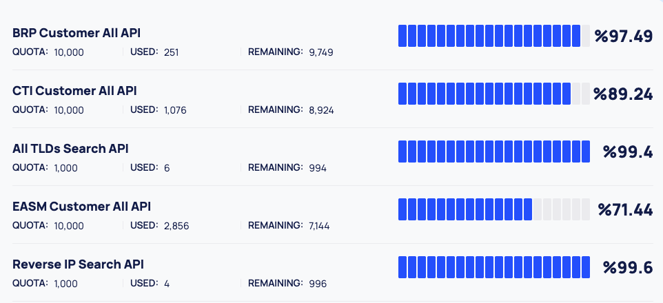 The API Usage page with several quota rows, each with its quota, used and remaining figures, a segmented bar and a percentage.