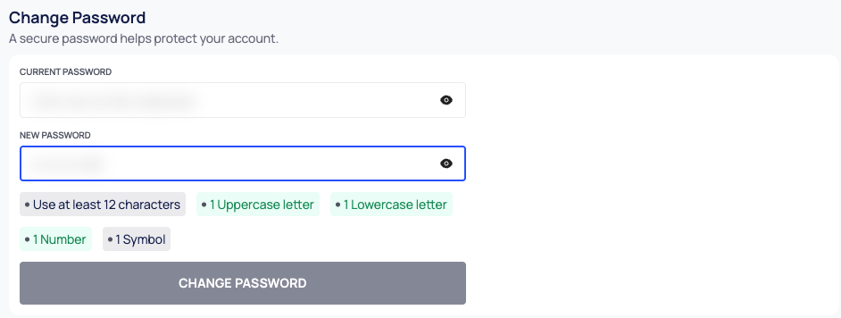 The Change Password card with a new password typed in and some of the password rules turned green.