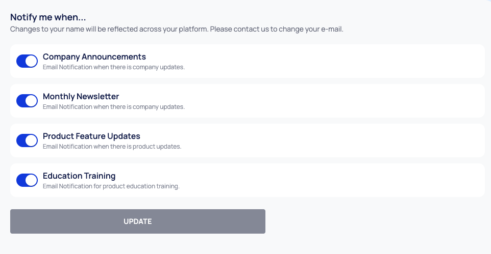 The Notifications page with one switch per type of Deepinfo e-mail and the UPDATE button.