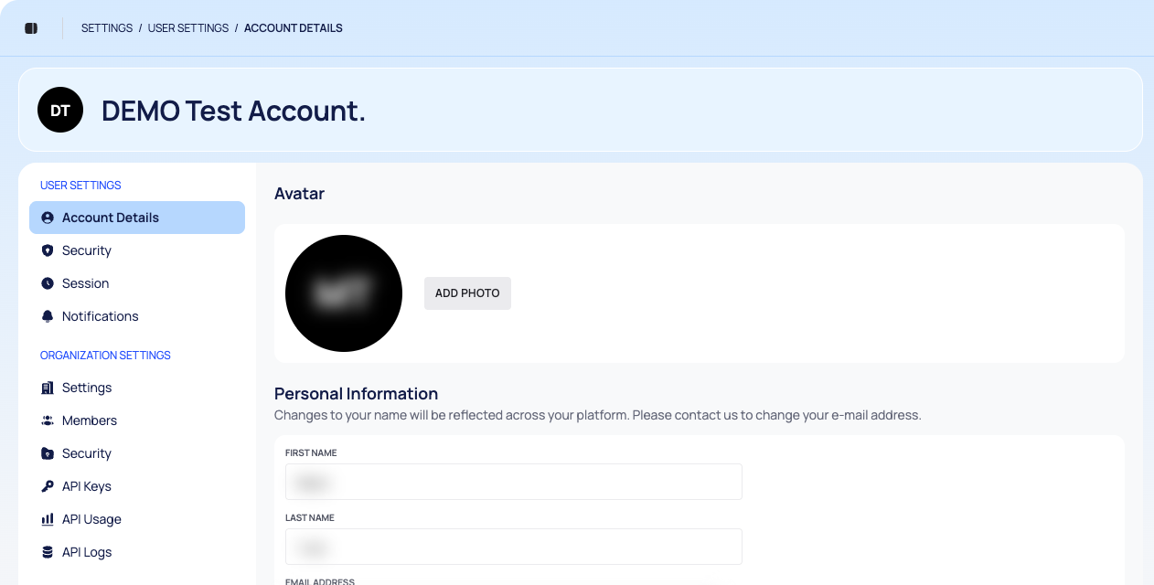 Settings as an admin, with the header card and the full Settings sidebar next to Account Details.