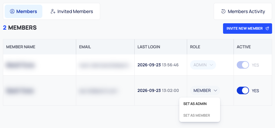 The Members tab with the role dropdown of a member open, showing SET AS ADMIN and SET AS MEMBER.