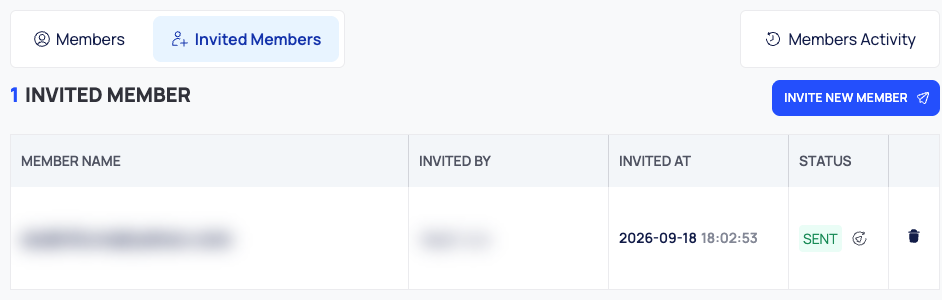 The Invited Members tab listing an invitation with who sent it, when, and its status.