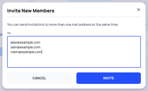 The Invite New Members window with e-mail addresses in the TO box.