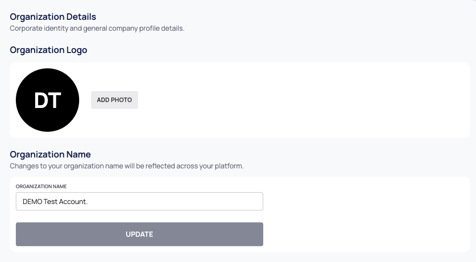 The organization Settings page with the Organization Logo and Organization Name sections.
