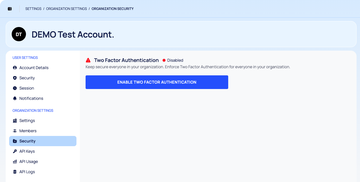 The organization Security page with Two Factor Authentication shown as Disabled.